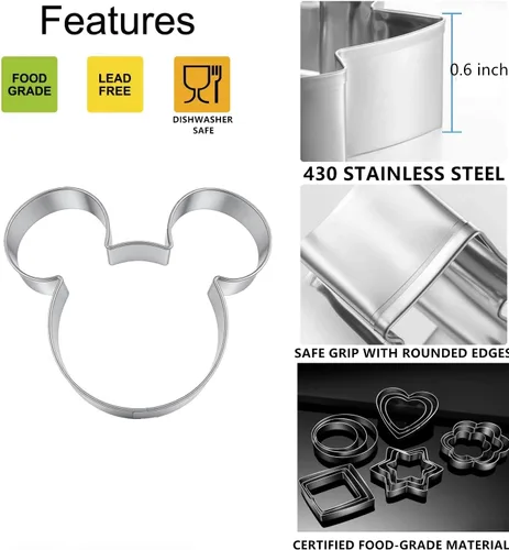 Vista 3 de 3 piezas de cortadores de galletas de Mickey Mouse, moldes temáticos de formas de cara de Mickey Mouse, cortadores de metal de acero inoxidable