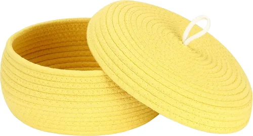 Vista 16 de Sea Team Cesta de almacenamiento redonda de cuerda de algodón con tapa, contenedor de almacenamiento tejido decorativo, cesto, maceta, caddy