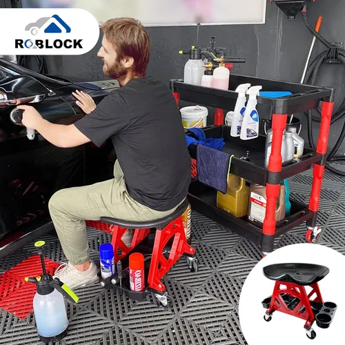 Vista 2 de ROBLOCK Silla Taburete Mecánico Duradero con Ruedas, Asiento Rodante de Servicio Pesado para Taller de Garaje, Creeper para Detallado de Autos