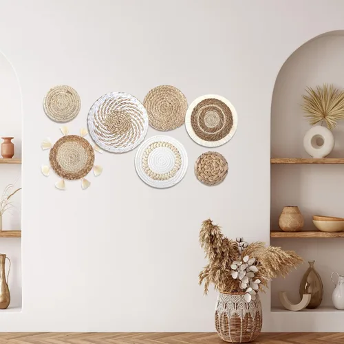Vista 5 de Beeveer 7 cestas de pared bohemias para colgar en la pared, de mimbre rústico, para casa de campo, salas de estar, dormitorios, decoración de cocina