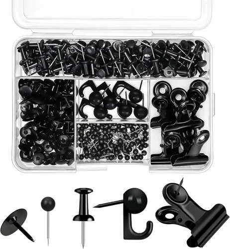 Juego de 310 chinchetas, tachuelas negras decorativas para tablero de corcho con gancho para chinchetas, clip para chinchetas, 5 estilos, accesorios