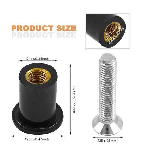 Vista 3 de Waziaqoc Tuerca de pozo de neopreno M5 con tornillo Pozi de acero inoxidable (M5 x 0.984 in), kit de tuercas de pozo de latón para motocicleta
