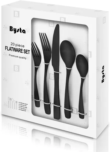 Bysta - Juego de cubiertos de acero inoxidable de 20 piezas para 4 personas, acabado satinado, apto para lavavajillas, bonito paquete de caja Negro