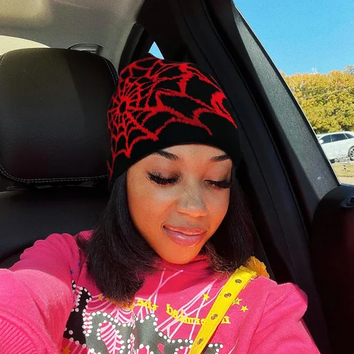 Vista 4 de Y2k Beanie para mujer, gorro de tela de araña Y2k, regalo ideal para el invierno
