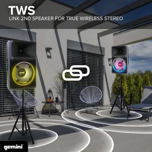 Vista 5 de Gemini Sistema de altavoces PA Bluetooth de 15 pulgadas y 2200 W - Altavoz DJ con soporte, micrófono con cable, luces LED, emparejamiento estéreo