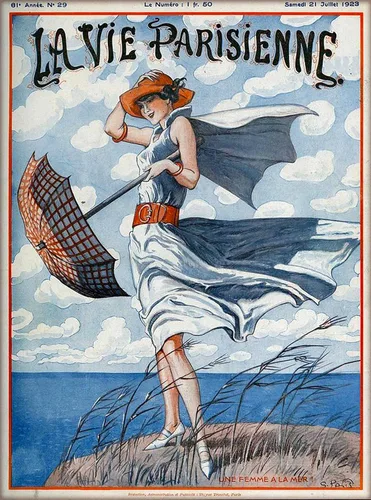 1923 La Vie Parisienne Une Femme A La Mer Girl with Umbrella on Windy Day French Nouveau from a Magazine France Travel Advertisement Picture Art
