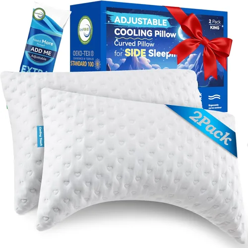 Vista 13 de Almohadas para dormir de lado para comodidad de cuello y hombros, diseño ergonómico de media luna curvada, espuma viscoelástica triturada ajustable