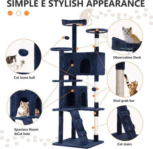 Vista 6 de BestPet Torre de árbol para gatos de 70 pulgadas, azul marino, resistente, fácil de montar, centro de actividades de varios niveles con postes