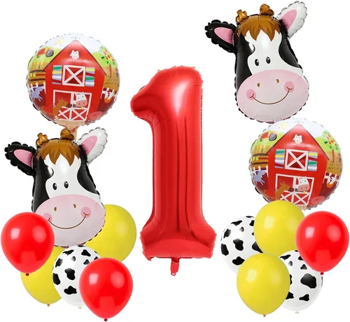 Globos de vaca para decoración de fiesta de cumpleaños de animales de granja, suministros de globos de granero con globo grande número 1