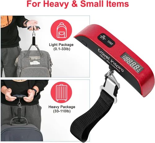 Vista 6 de Travel Inspira Báscula digital de equipaje con pantalla LCD de alerta de sobrepeso, 110 libras 110.2lbs de acero inoxidable