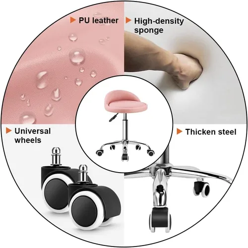 Vista 5 de KKTONER Taburete rodante redondo de cuero PU con respaldo altura ajustable giratoria de dibujo SPA silla de trabajo con ruedas rosa