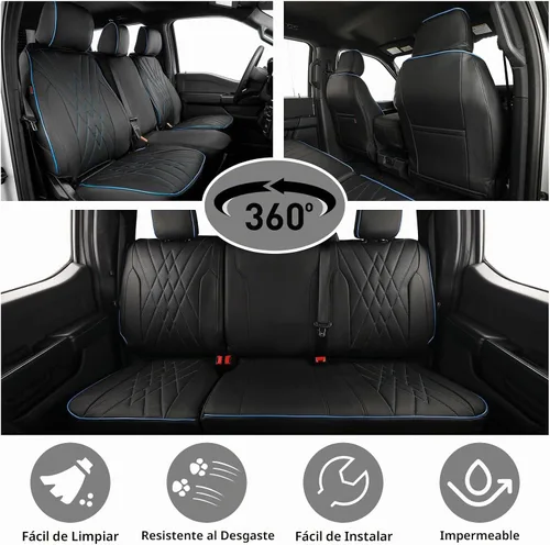 Vista 4 de EKR - Juego completo de fundas de asiento de coche F150 2021-2026 (4 Cuero (negro con borde azul)