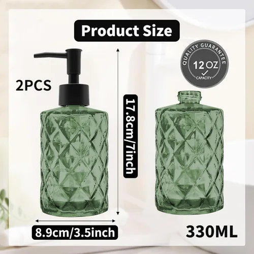 Vista 2 de Paquete de 2 dispensadores de jabón de vidrio verde de 12 onzas con bomba de plástico negro, botellas de jabón líquido recargables para manos, baño