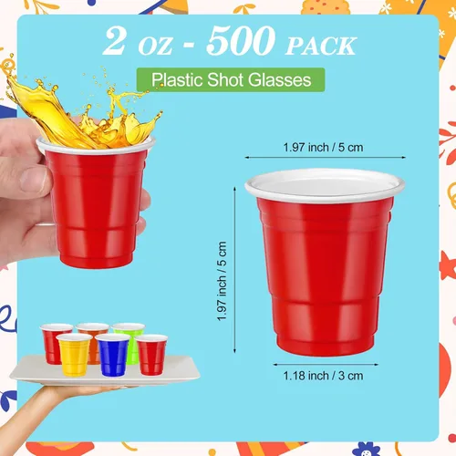 Vista 2 de 500 piezas vasos de chupito de 2 onzas de colores surtidos, vasos de chupito coloridos de plástico neón para beber, degustaciones servidas
