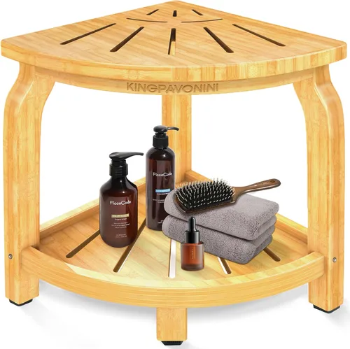 Vista 9 de KingPavonini Taburete de ducha de esquina de bambú para afeitarse las piernas, reposapiés, asiento de baño impermeable con estante de almacenamiento