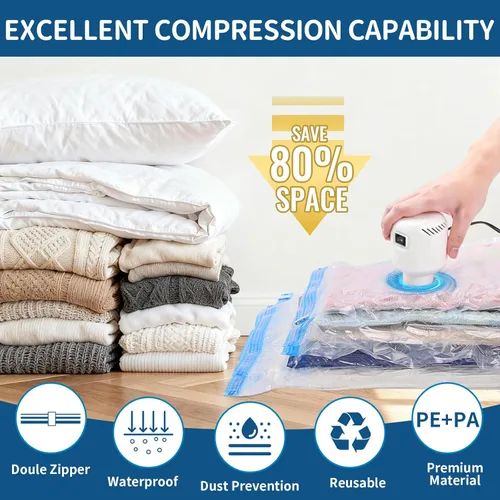 Vista 2 de Paquete de 8 bolsas de almacenamiento de sellado al vacío con bomba eléctrica, ahorro de espacio, espacio de compresión, para ropa, edredones