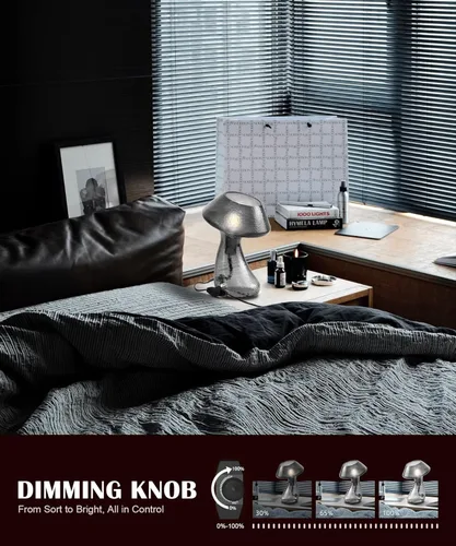 Vista 2 de V06 - Lámpara de mesa vintage con forma de hongo, lámparas de mesita de noche regulables con vidrio transparente, lámpara de noche negra retro
