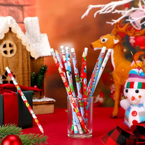 Vista 2 de Outus 72 lápices de Navidad con borrador, lápices navideños con elementos navideños de Papá Noel, alce, trineo, campana para suministros de fiesta