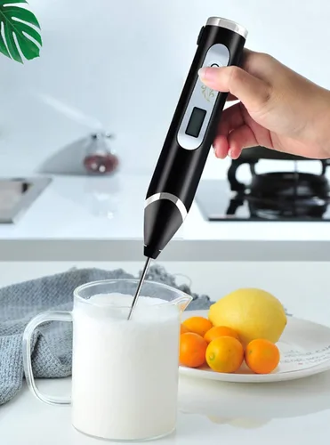 Vista 3 de Espumador de leche de mano recargable por USB LCD, espumador de leche eléctrico ajustable de 3 velocidades, mini licuadora de bebidas para café a