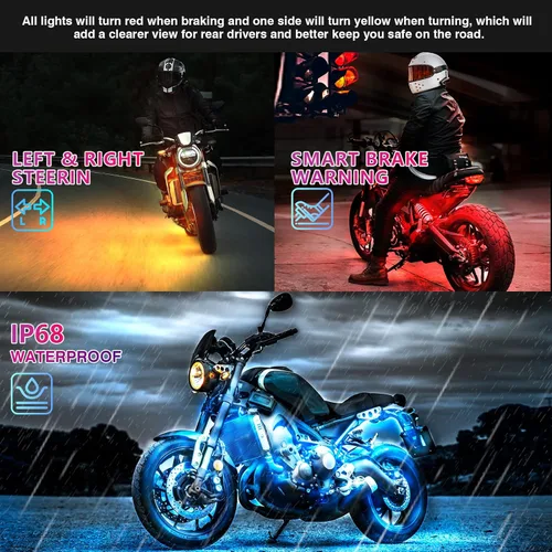 Vista 4 de 8 kits de luces LED RGB segmentadas para motocicleta con control remoto APP/RF, luces subterráneas multicolor con señal de giro de freno, tira