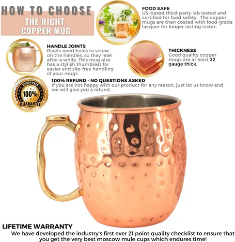 Vista 5 de Kitchen Science Juego de 6 tazas de Moscow Mule de cobre con forro de acero inoxidable (18 onzas) con pajitas, jigger, cuchara y cepillo