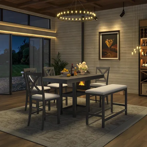 Vista 37 de Juego de mesa de barra de altura de madera para 6, mesa de comedor expandible con estantes de almacenamiento de 2 niveles, 4 sillas y banco, diseño