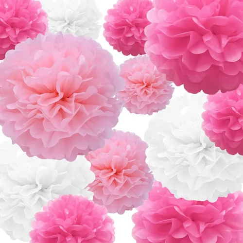 Pompones de papel de seda, 22 unidades, color rosa, rojo rosa, blanco, bola de flores de papel para cumpleaños, despedida de soltera, boda, baby