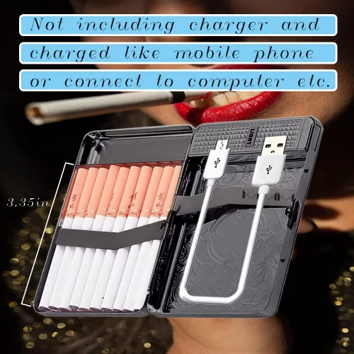 Vista 2 de Sostenga 20 cigarrillos regulares caja de metal/caja con encendedor USB recargable, sin llama, a prueba de viento (negro)