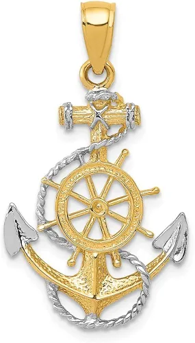 Colgante de oro amarillo y blanco sólido de 14 quilates para hombre, dos tonos y cuerda de ancla, 1.220 in x 0.669 in, Metal