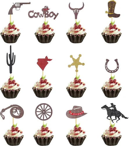 60 piezas de adornos para cupcakes de vaquero, con purpurina occidental, rodeo occidental, para cupcakes, zapatos de caballo, sombreros de vaquero,