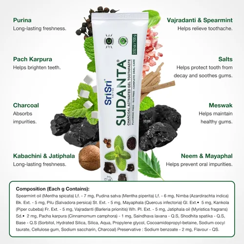 Vista 4 de Sri Sri Tattva Sudanta - Pasta de dientes de carbón - SLS, pasta de dientes herbales sin flúor con neem y hierbas ayurvédicas, blanqueamiento dental