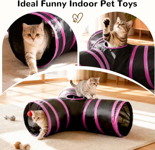Vista 6 de Tempcore - Túnel para gatos con forma de tubo plegable de 3 vías, para interiores, juguete con forma de bola para mirar, para gato, cachorro