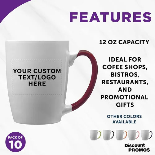 Vista 2 de DISCOUNT PROMOS Tazas de café personalizadas Java de dos tonos, 12 onzas, juego de 10, paquete personalizado a granel, perfectas para café, té