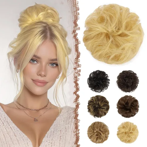 Vista 10 de FESHFEN Moños Desordenados Humanos - 100% Cabello Humano Moño Real Coleteros Piezas de Cabello Extensiones de Cola de Caballo Onduladas Despeinadas