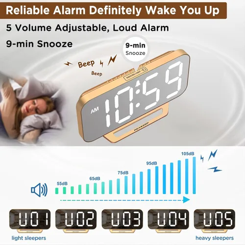 Vista 5 de Peakeep Slim Digital Mirror Aesthetic Alarm Clock for Bedrooms Desk Decor - Plug in Electric Big LED Modern Small Clock for Office Living Room