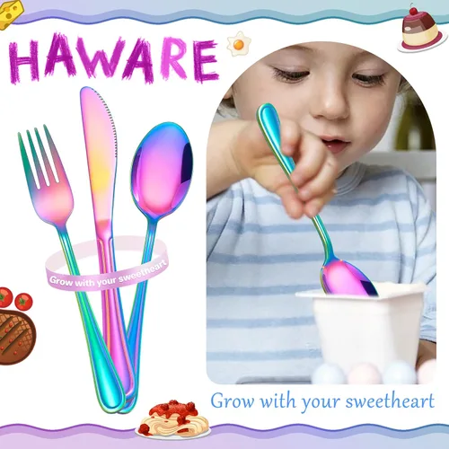 Vista 6 de HaWare Juego de cubiertos de 12 piezas para niños, de acero inoxidable, utensilios de comida preescolar, incluye 4 cucharas, 4 tenedores, 4