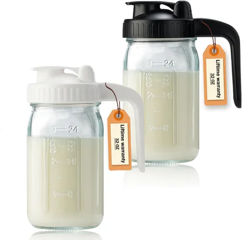 Vista 8 de Jarra de vidrio de 32 onzas con tapa y boquilla de vertido en forma de V, jarra de leche materna de 1 cuarto de galón, doble a prueba de fugas
