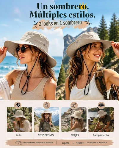 Vista 6 de Sombrero de lluvia impermeable de ala ancha para mujeres y hombres UPF50+ Beige