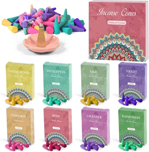 Vista 8 de STRN Conos de incienso, 120 conos perfumados para todas las estaciones, varios aromas de incienso con soporte para incienso, vainilla y menta, coco