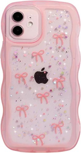 Vista 32 de Qokey para iPhone 14 Plus Funda de 6.7" con diseño de borde ondulado rizado, transparente, con purpurina, brillo, estrellas, brillante, lindo