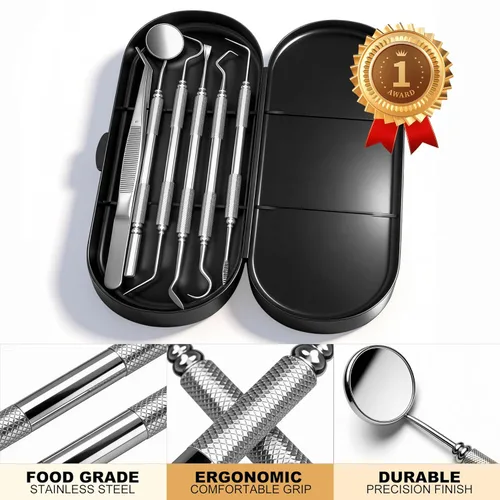 Vista 6 de Herramientas dentales removedor de placa, kit de herramientas de limpieza de dientes, kit de cuidado dental de acero inoxidable, herramienta