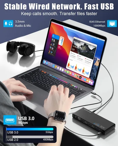 Vista 7 de WAVLINK Estación de acoplamiento universal Pro Dual 4K a 60Hz Base USB 3.0/USB-C para laptop Mac y Windows 2 monitores HDMI/DP, Gigabit