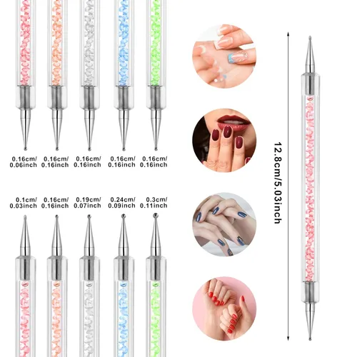 Vista 2 de 10 bolígrafos de uñas de gel para tallar uñas acrílicas, mango de diamantes de imitación, pinceles de silicona de doble punta para diseño de láminas