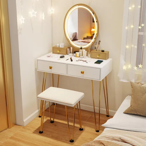 Vista 14 de CHARMAID Mesa de tocador de maquillaje con espejo iluminado, escritorio de tocador con 2 cajones grandes, 3 modos de iluminación ajustables, moderna