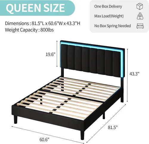 IMMERSTABLE Base de cama Queen con luces LED, marco de cama tapizado tamaño Queen con cabecero, soporte de listones de madera y metal resistente,