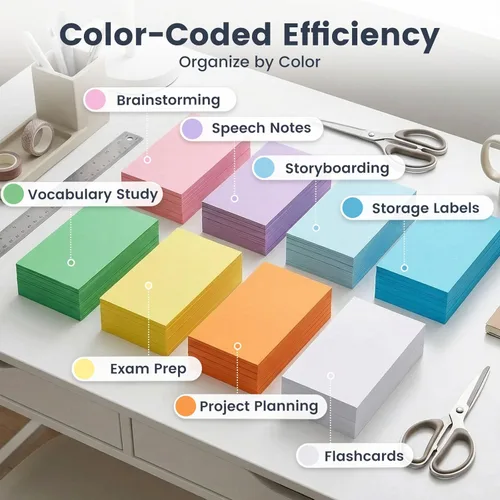 Vista 2 de 300 tarjetas de índice de colores, de 3x5 pulgadas, tarjetas flash de estudio, notas pesadas para estudiar en la escuela, oficina, aprendizaje