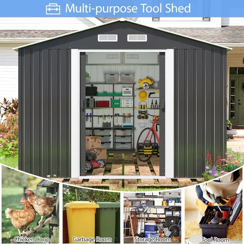 Vista 7 de Cobertizo grande de almacenamiento al aire libre de 8 x 10 pies, cobertizo de jardín de metal para bicicleta, cortacésped, cobertizos