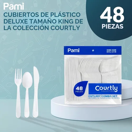 Vista 2 de PAMI Juego de cubiertos de plástico blanco resistente, 48 piezas (16 tenedores, cuchillos, cucharaditas), utensilios de plástico blanco de un solo