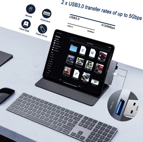 Vista 4 de Adaptador de concentrador USB C para iPad Pro con HDMI 4K, conector de 0.138 in, 2 USB 3.0, PD 60W, datos USB C, ranura para tarjeta SD/TF