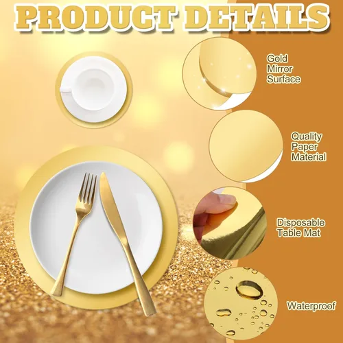 Vista 3 de craftshou 200 Pcs Round Gold Paper Placemats 12in and 4in Disposable Glitter Table Mats for Dining Table Decoration Foil Place Mats for Wedding Home